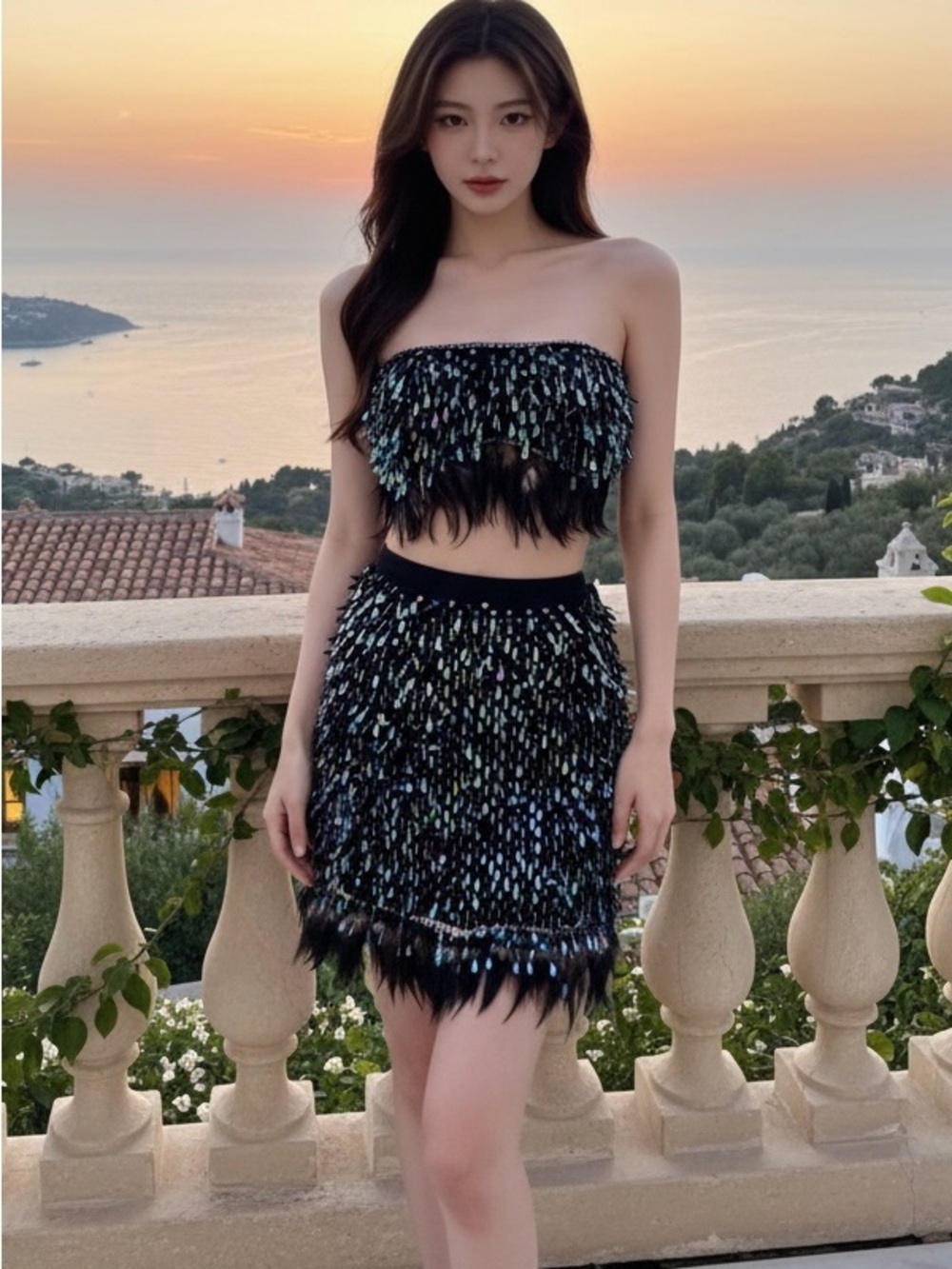 Hand beaded Sequin Fringe feathers Strapless top & Mini Skirt - Black iridescent